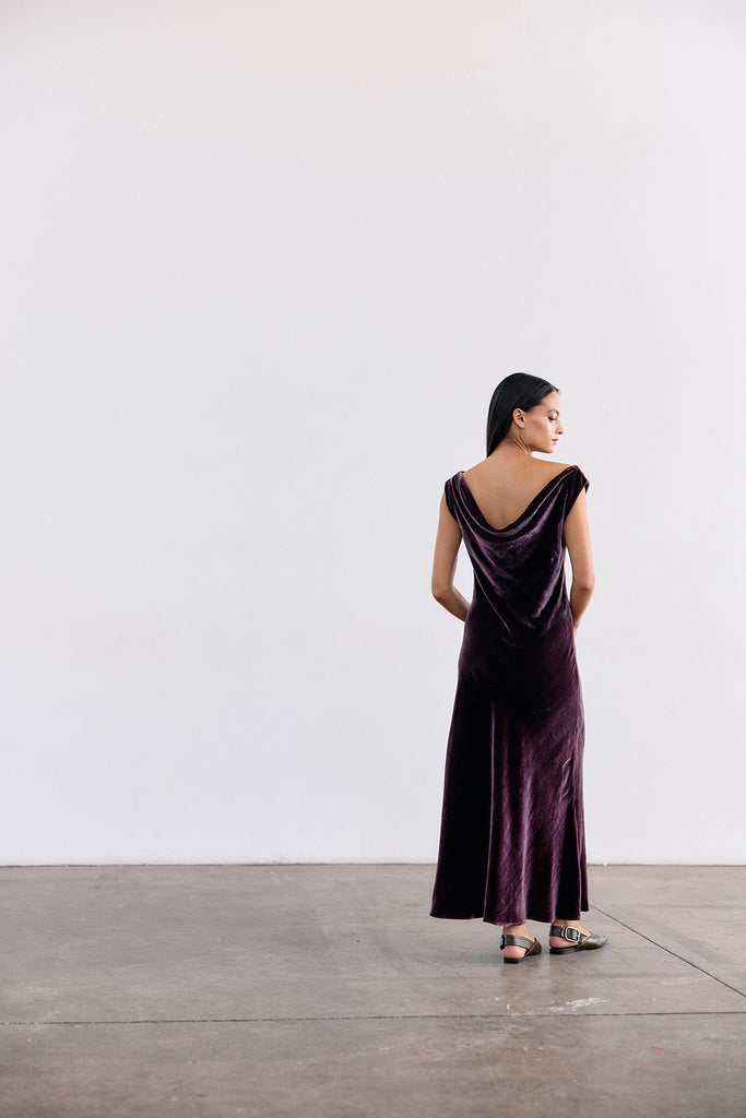 Silk Velvet Draped Neck Dress - Vino