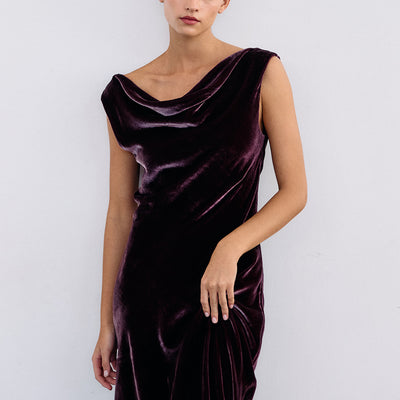 Silk Velvet Draped Neck Dress - Vino