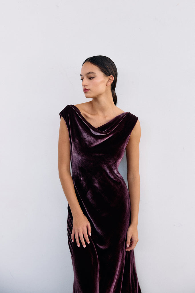 Silk Velvet Draped Neck Dress - Vino