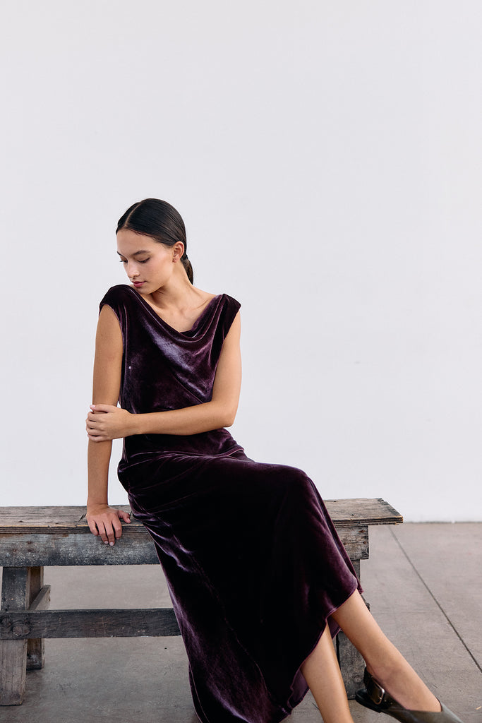 Silk Velvet Draped Neck Dress - Vino