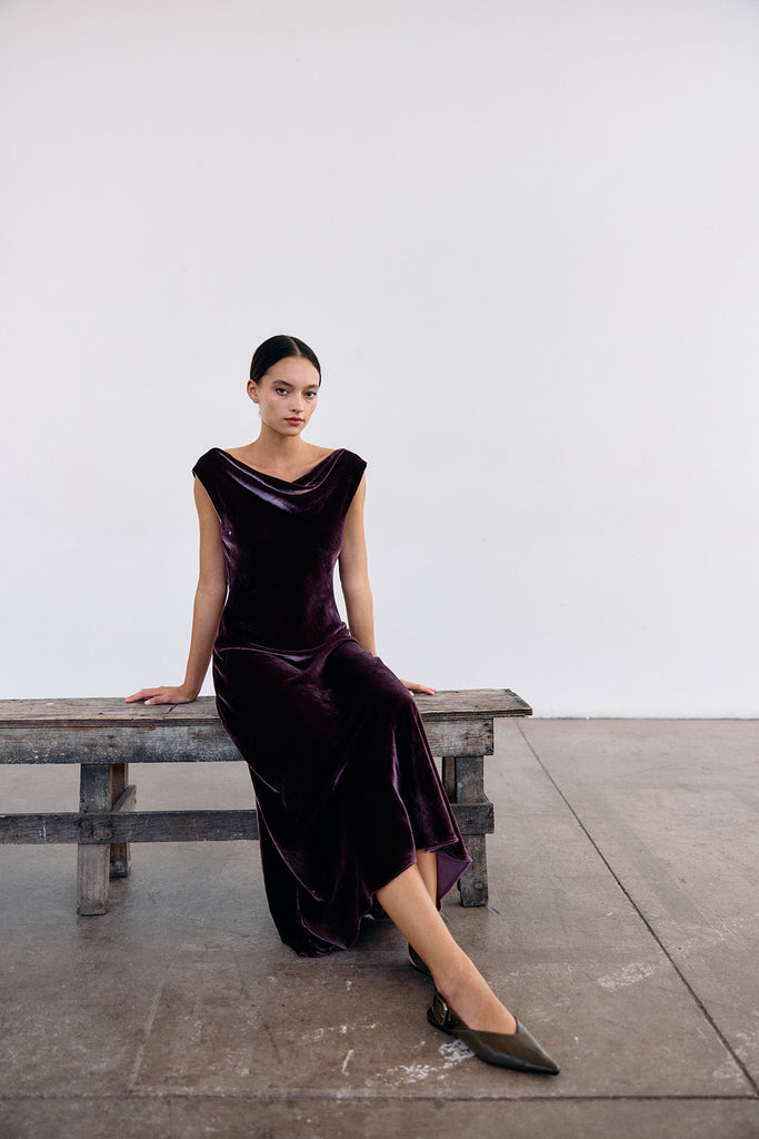 Silk Velvet Draped Neck Dress - Vino
