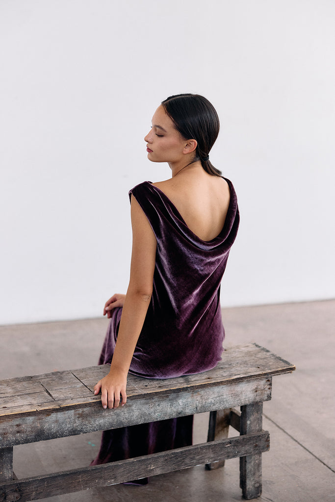 Silk Velvet Draped Neck Dress - Vino