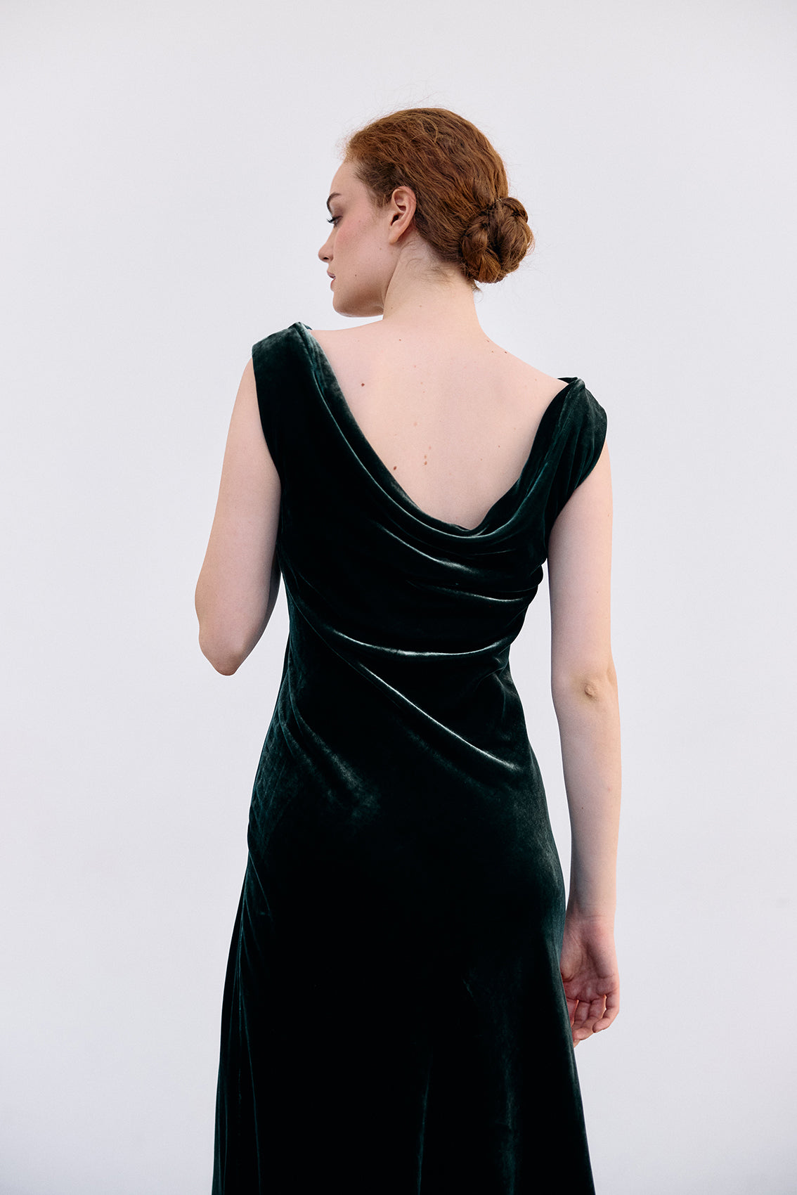Silk Velvet Draped Neck Dress - Bosque