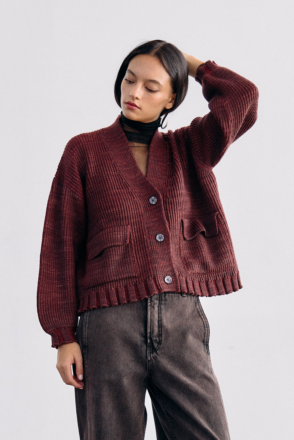 Hand-Dyed Contrast Merino Wool Cardigan - Mix Vino