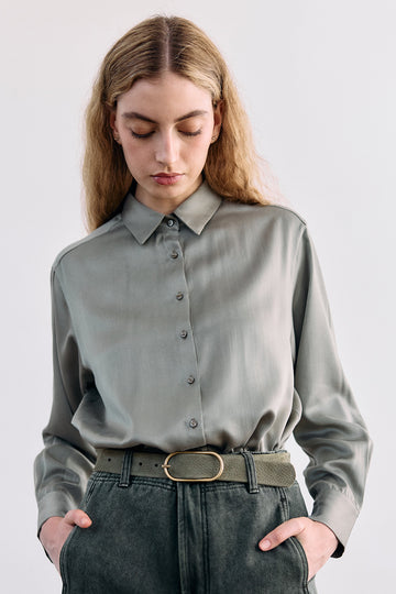 Pointed Collar Silk Button-Down Shirt - Musgo