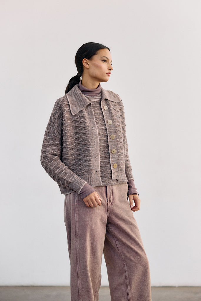 Textured Alpaca Knit Collar Cardigan - Malva