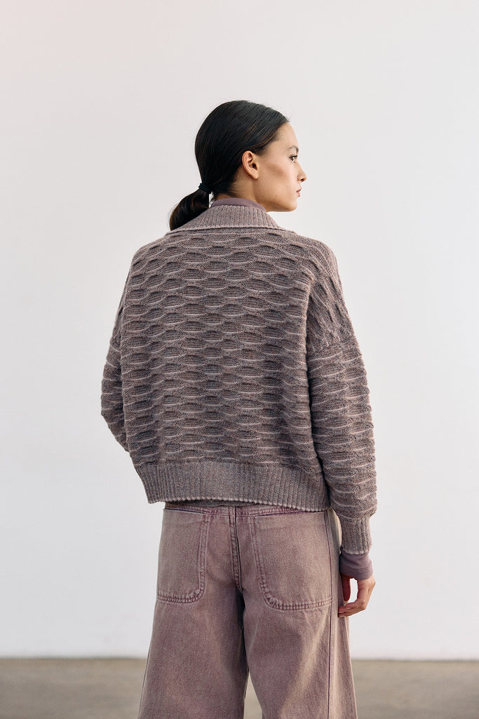 Textured Alpaca Knit Collar Cardigan - Malva