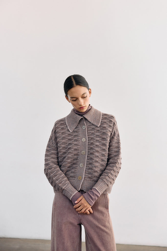 Textured Alpaca Knit Collar Cardigan - Malva