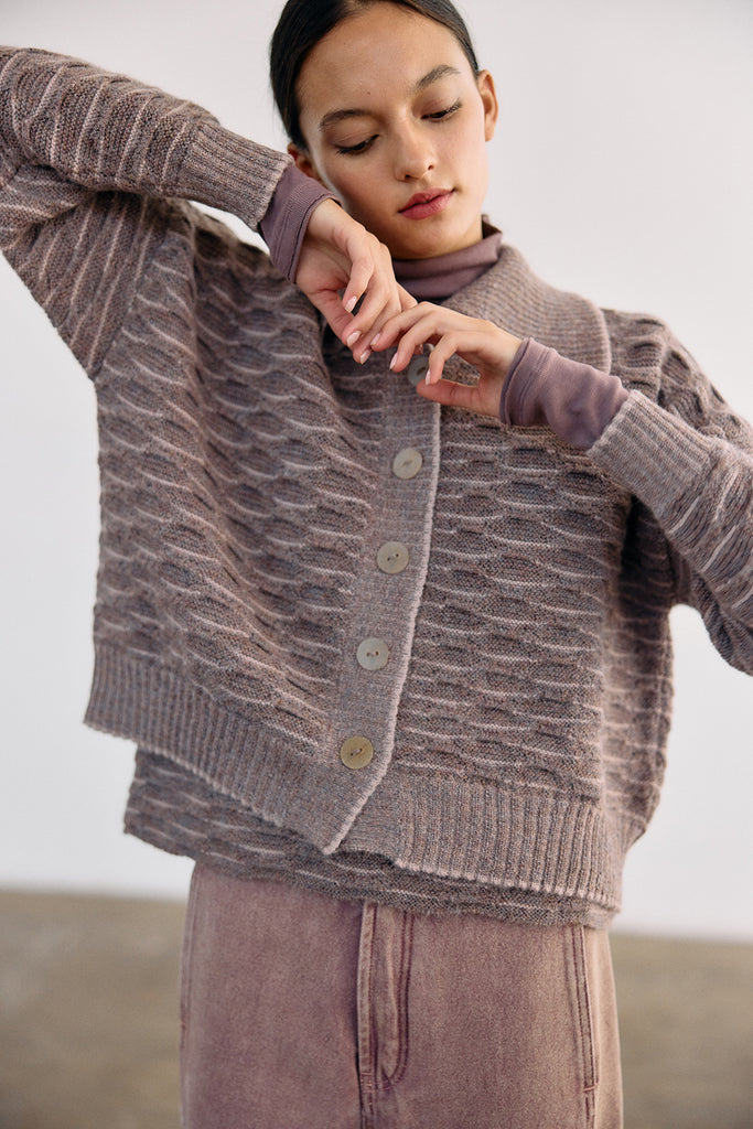 Textured Alpaca Knit Collar Cardigan - Malva