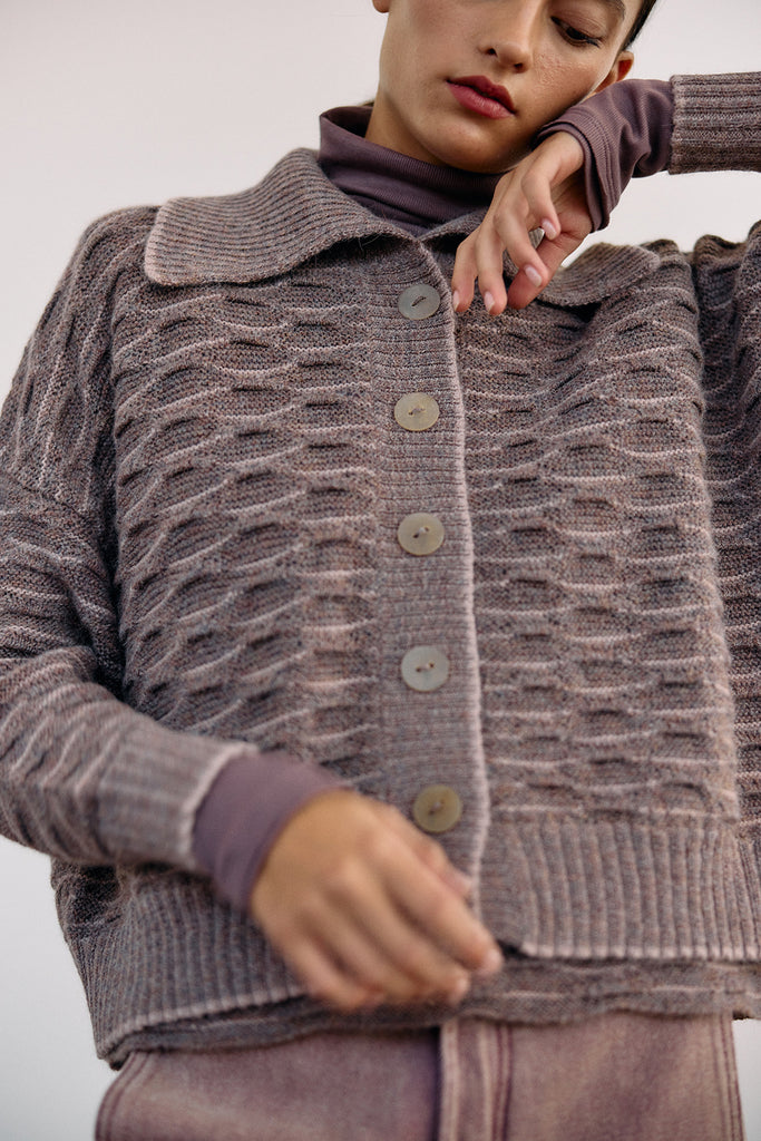Textured Alpaca Knit Collar Cardigan - Malva
