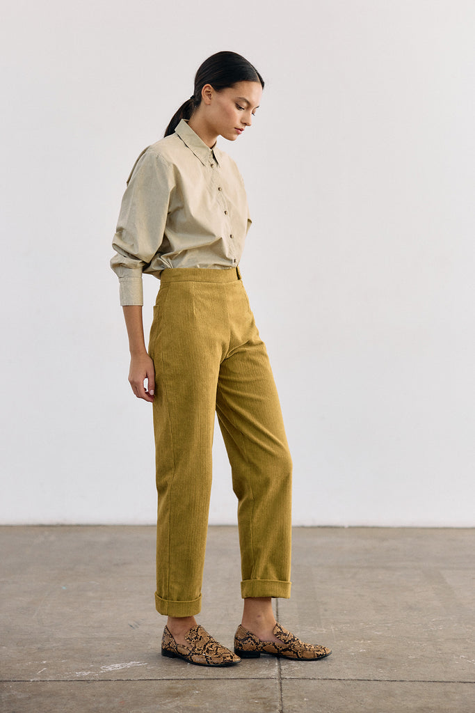 High-Waisted Cotton Corduroy Trousers - Ocre