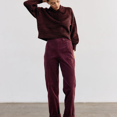 High-Waisted Cotton Corduroy Trousers - Vino