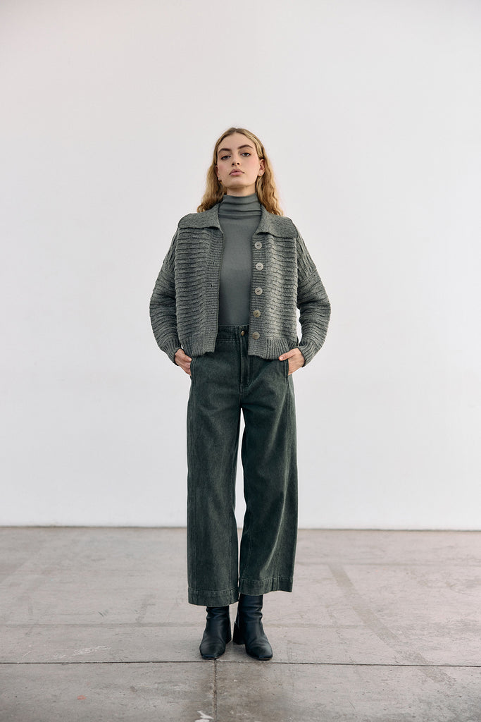 Textured Alpaca Knit Collar Cardigan - Musgo