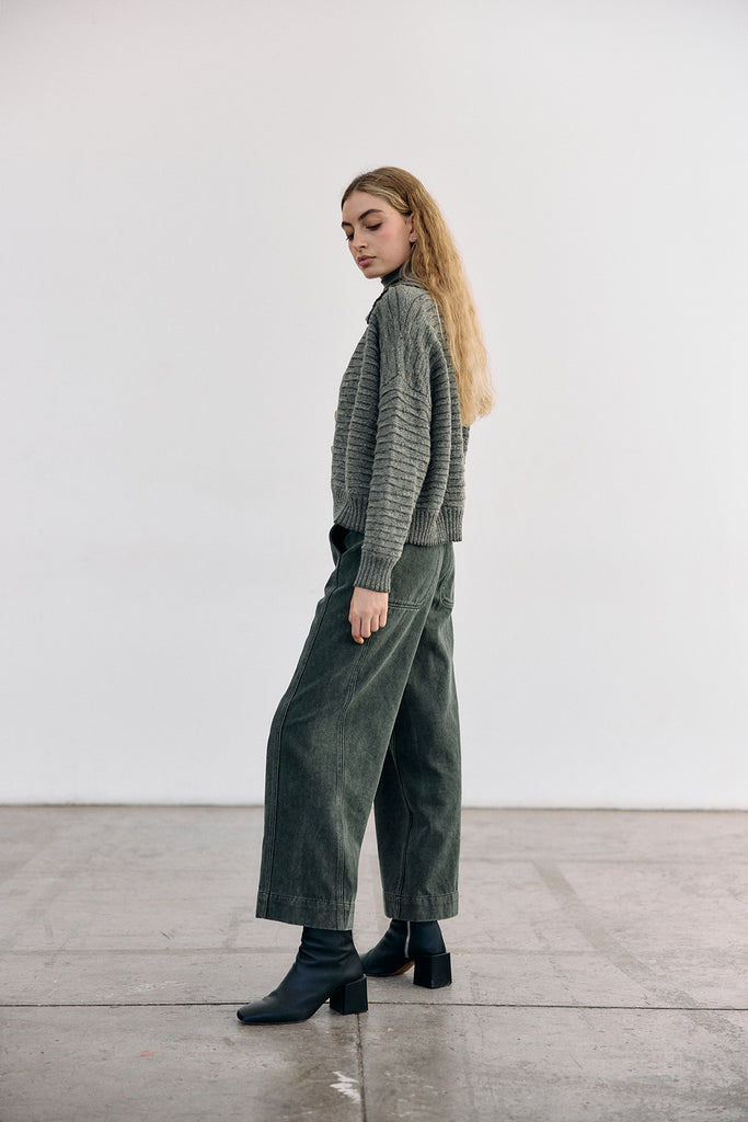 Textured Alpaca Knit Collar Cardigan - Musgo