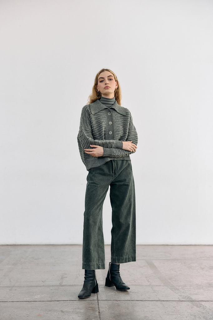 Textured Alpaca Knit Collar Cardigan - Musgo