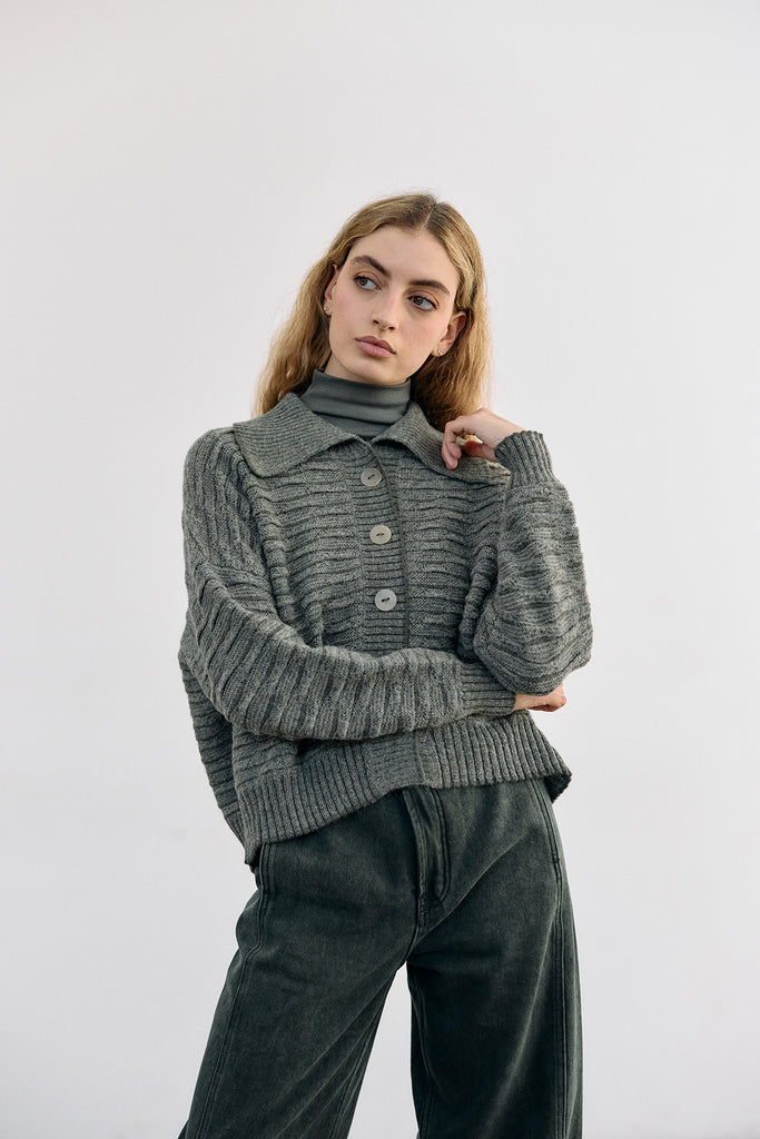 Textured Alpaca Knit Collar Cardigan - Musgo