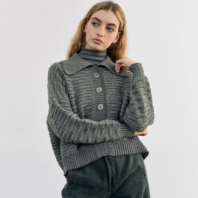 Textured Alpaca Knit Collar Cardigan - Musgo