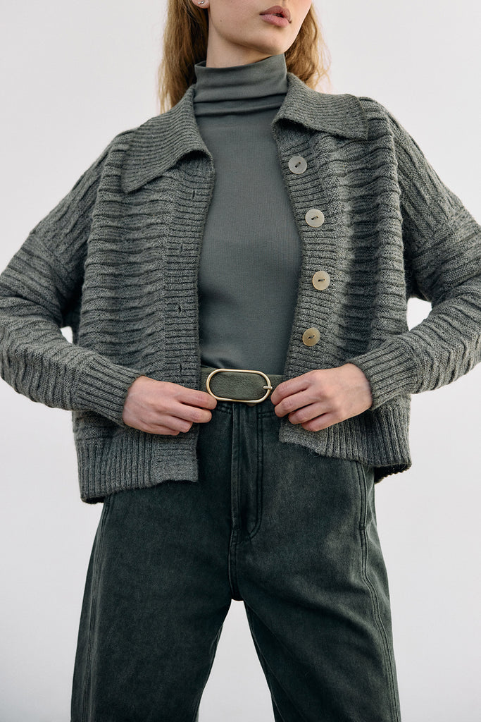Textured Alpaca Knit Collar Cardigan - Musgo