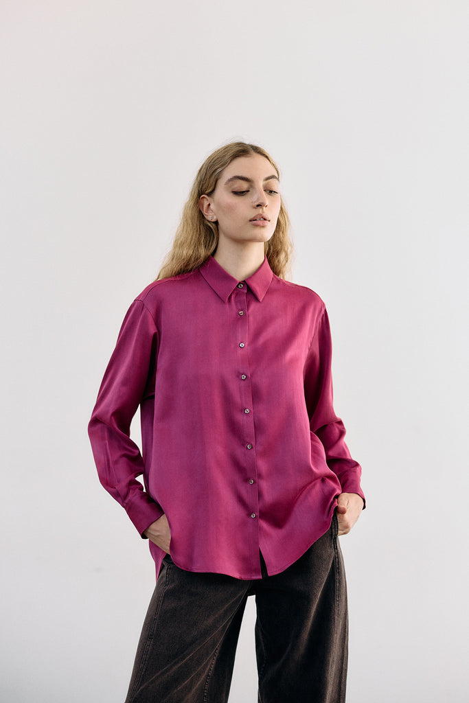 Pointed Collar Silk Button-Down Shirt - Buganvilia