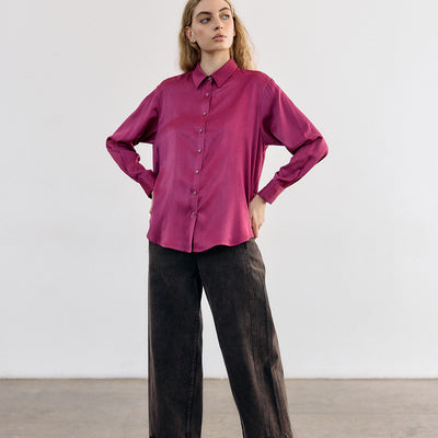 Pointed Collar Silk Button-Down Shirt - Buganvilia