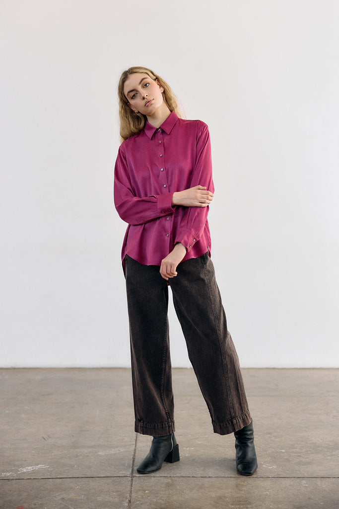 Pointed Collar Silk Button-Down Shirt - Buganvilia