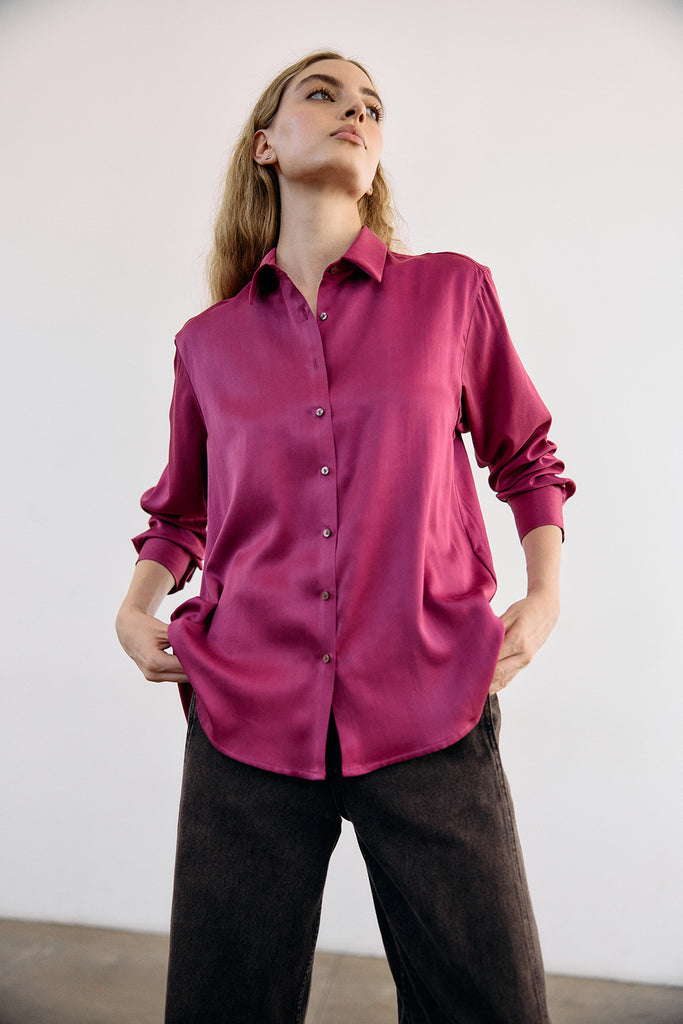 Pointed Collar Silk Button-Down Shirt - Buganvilia