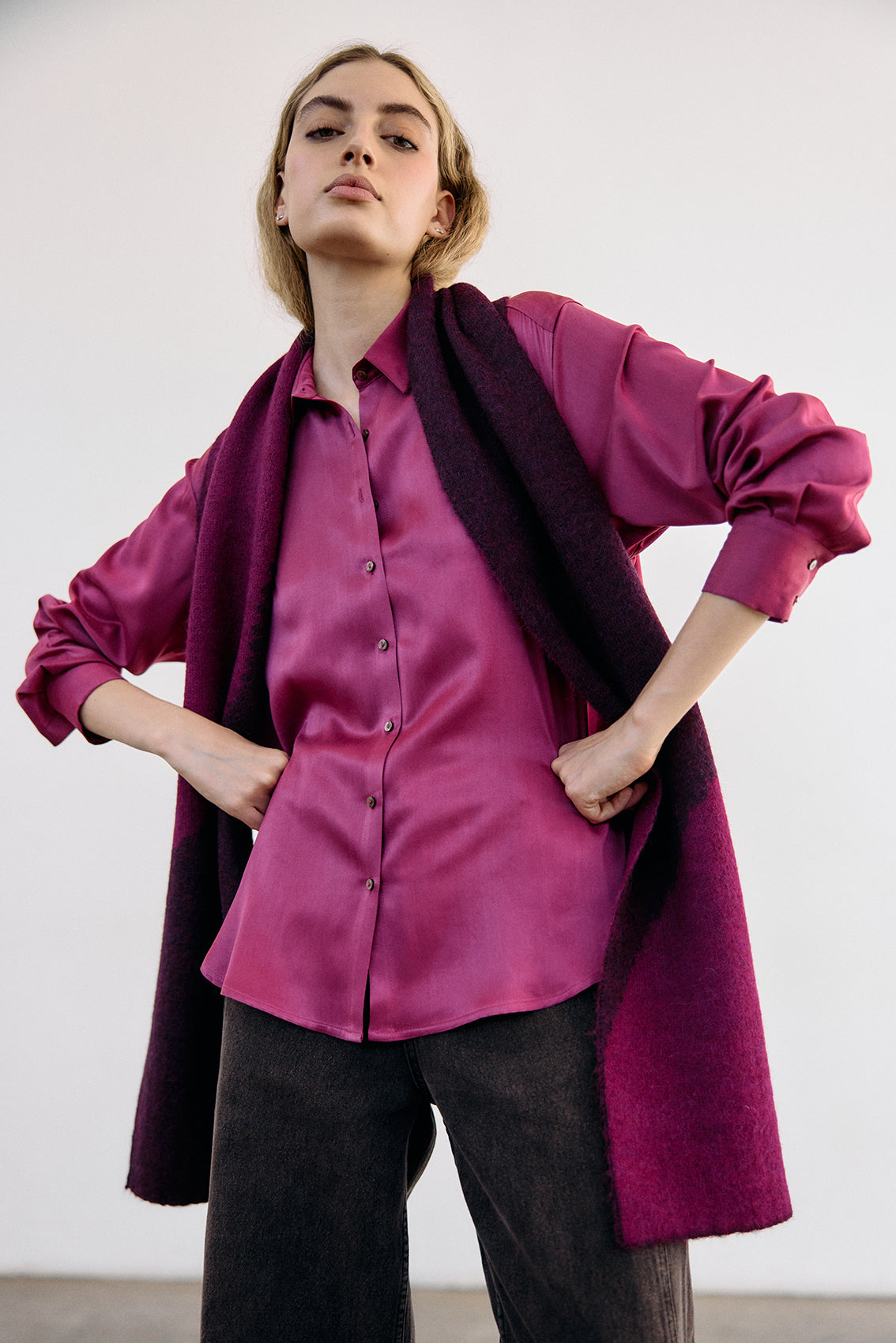 Pointed Collar Silk Button-Down Shirt - Buganvilia