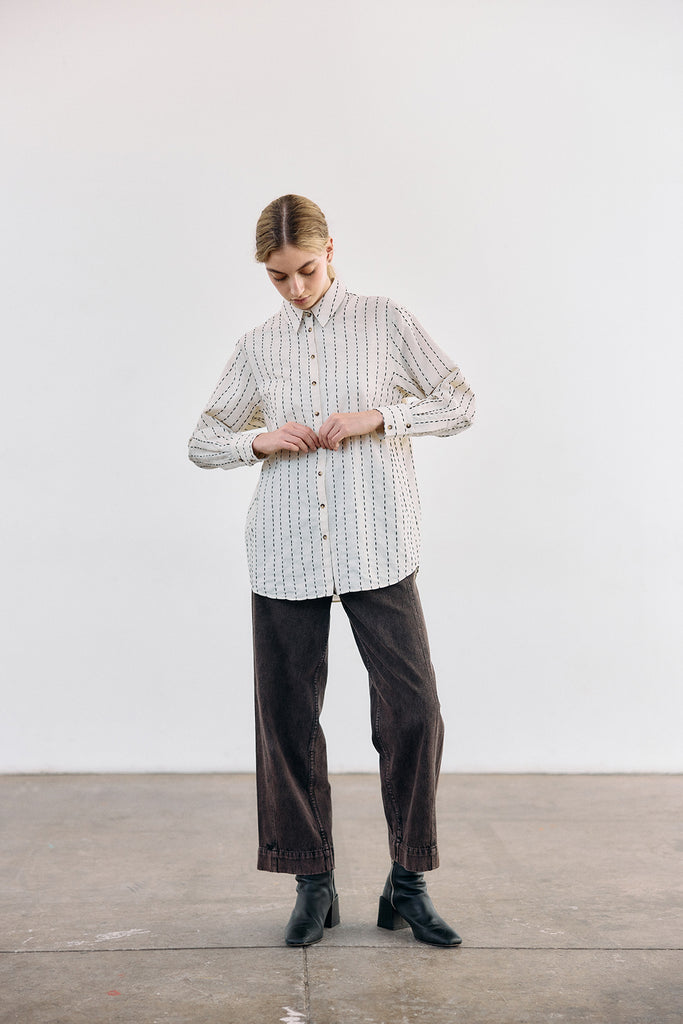 Blusa Camisera Pespuntes Contrastados Algodón