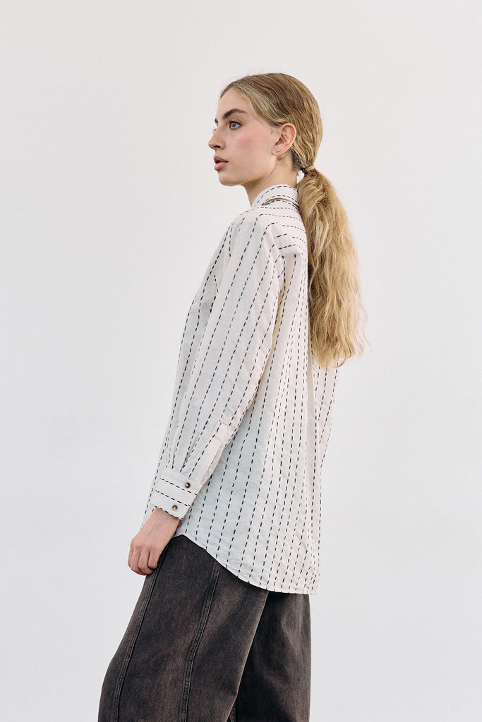 Blusa Camisera Pespuntes Contrastados Algodón