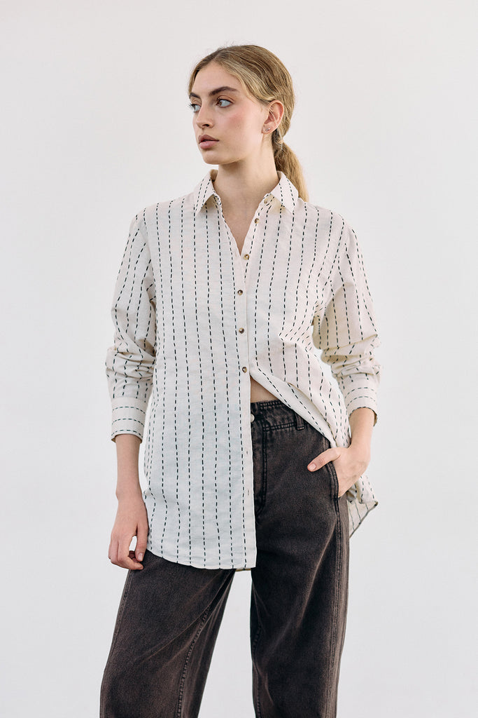 Blusa Camisera Pespuntes Contrastados Algodón