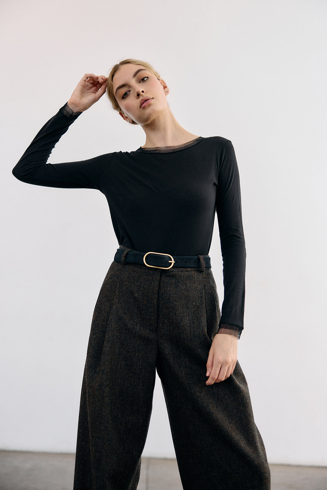 Long-Sleeve Crew Neck Pima Cotton Top - Ónix