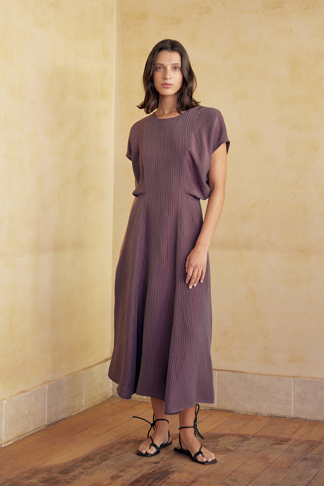 Textured Front Panel Dress Silk-Linen - Mora