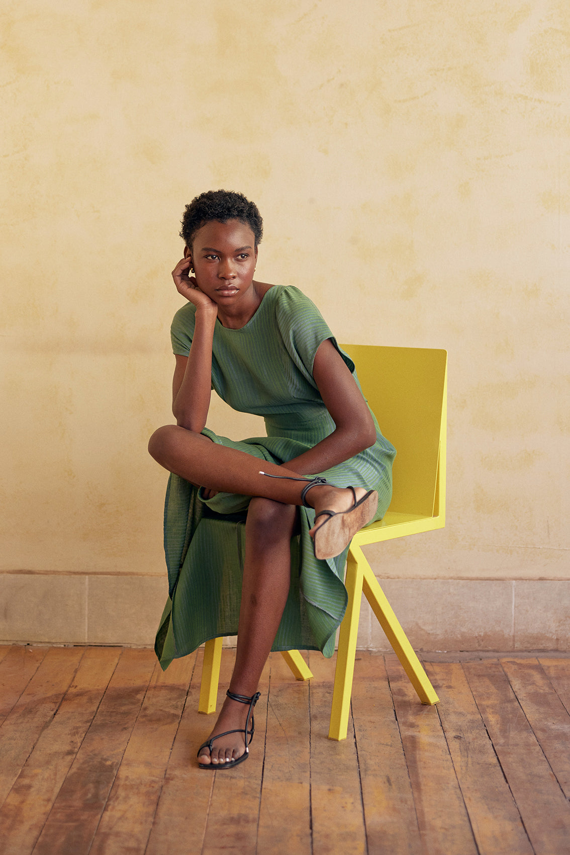 Textured Front Panel Dress Silk-Linen - Pesto