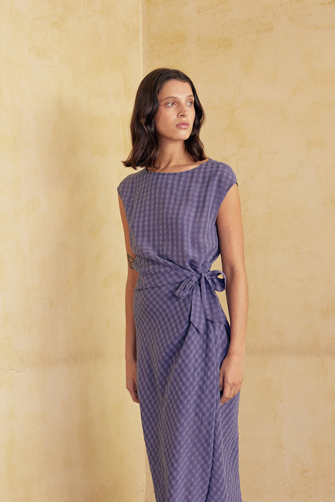 Gingham Tie-Waist Wrap Dress Lyocell - Arándano