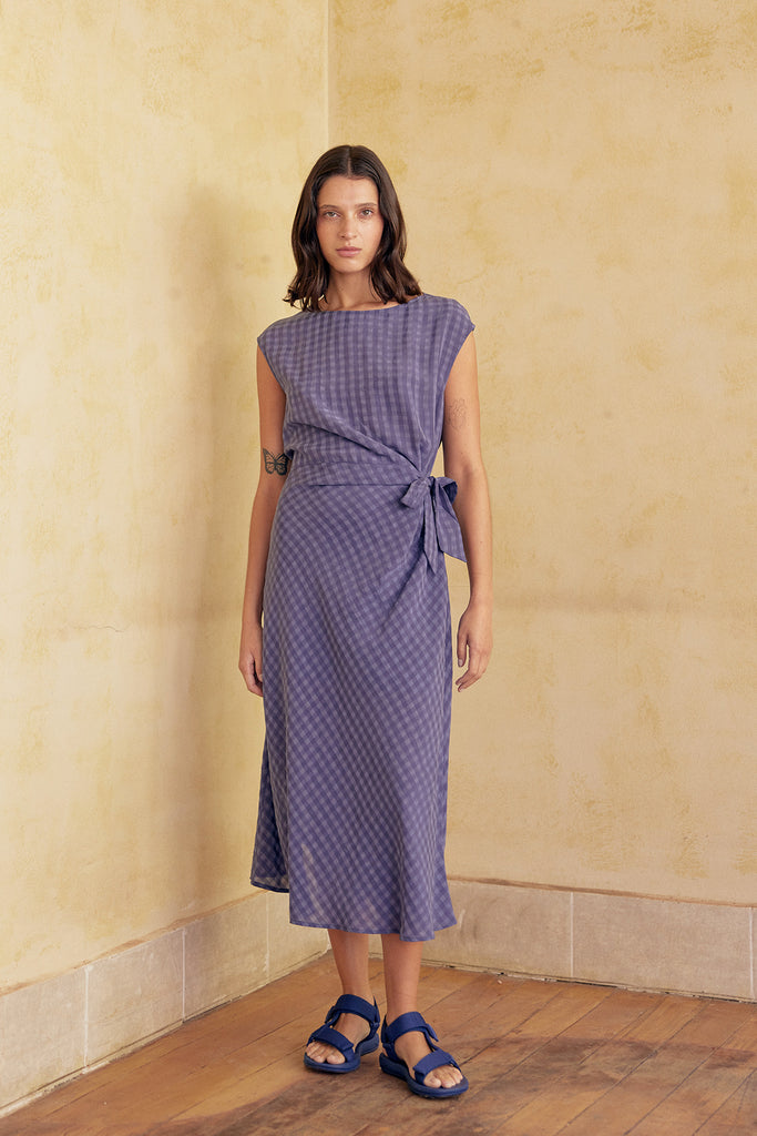 Gingham Tie-Waist Wrap Dress Lyocell - Arándano