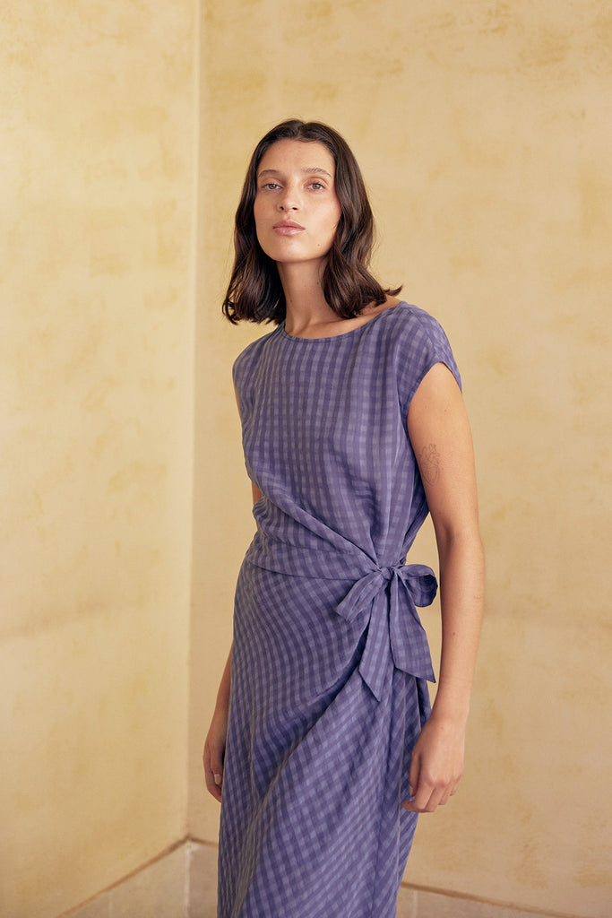 Gingham Tie-Waist Wrap Dress Lyocell - Arándano