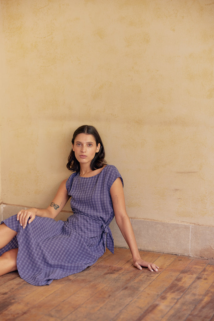 Gingham Tie-Waist Wrap Dress Lyocell - Arándano