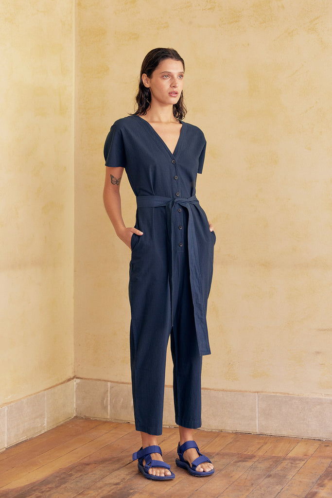 Curved Sleeve Jumpsuit Seersucker Cotton - Lago