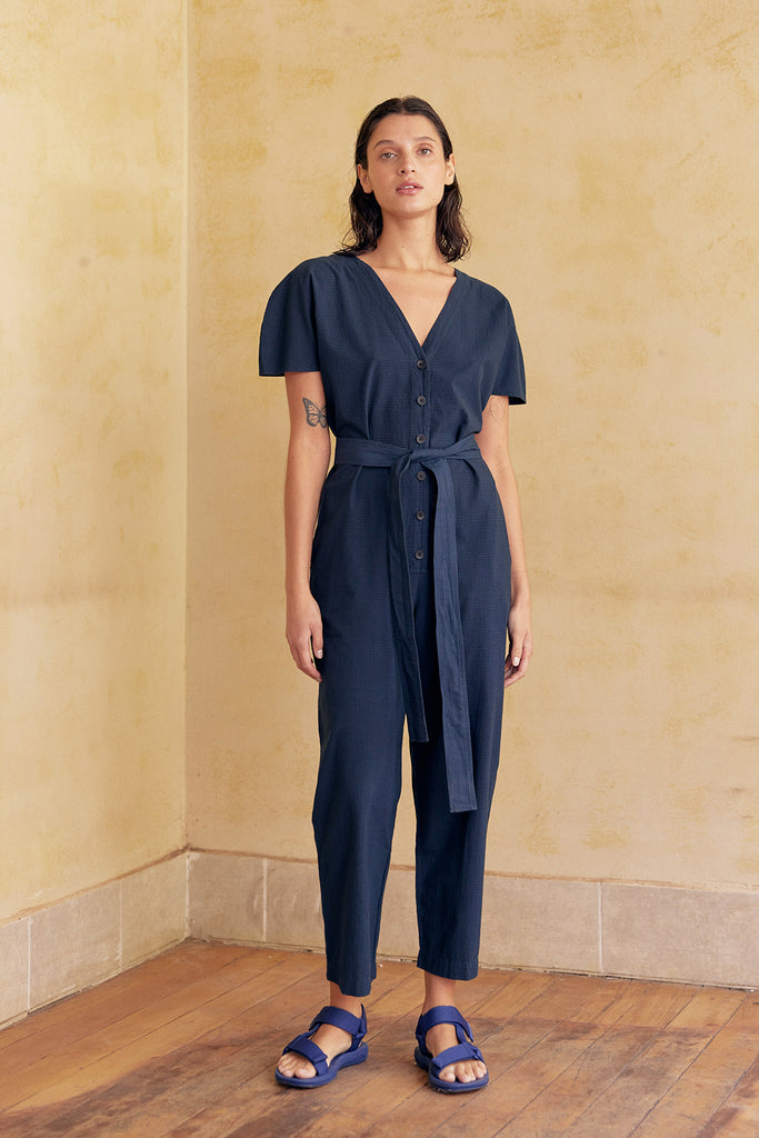 Curved Sleeve Jumpsuit Seersucker Cotton - Lago