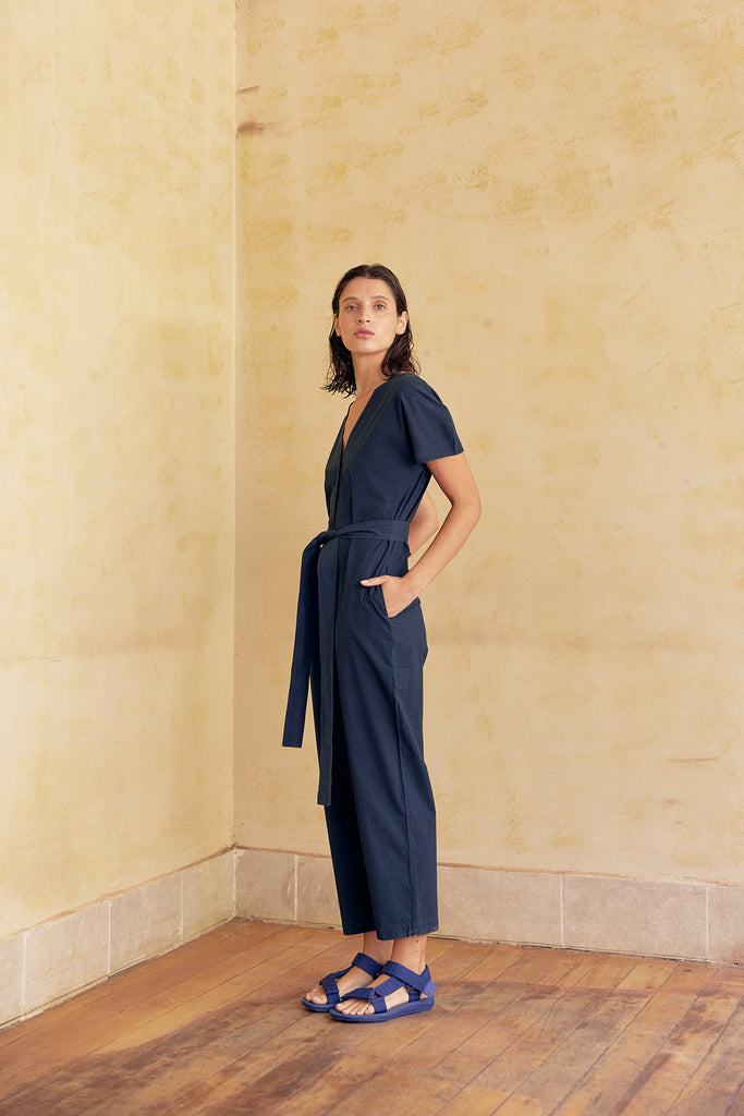 Curved Sleeve Jumpsuit Seersucker Cotton - Lago