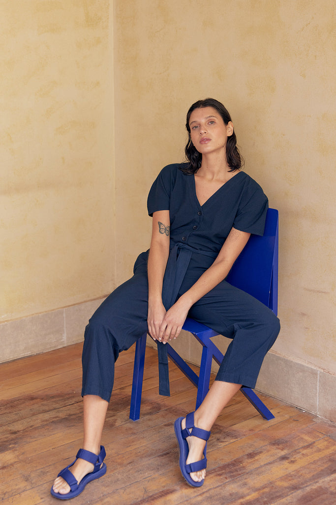 Curved Sleeve Jumpsuit Seersucker Cotton - Lago