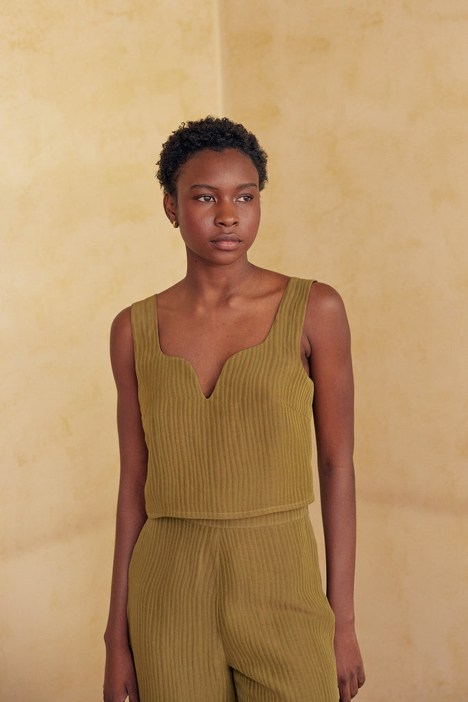 Textured Pointed Neck Top Silk-Linen - Ocre