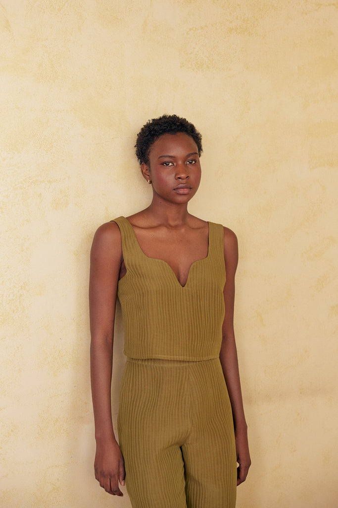 Textured Pointed Neck Top Silk-Linen - Ocre