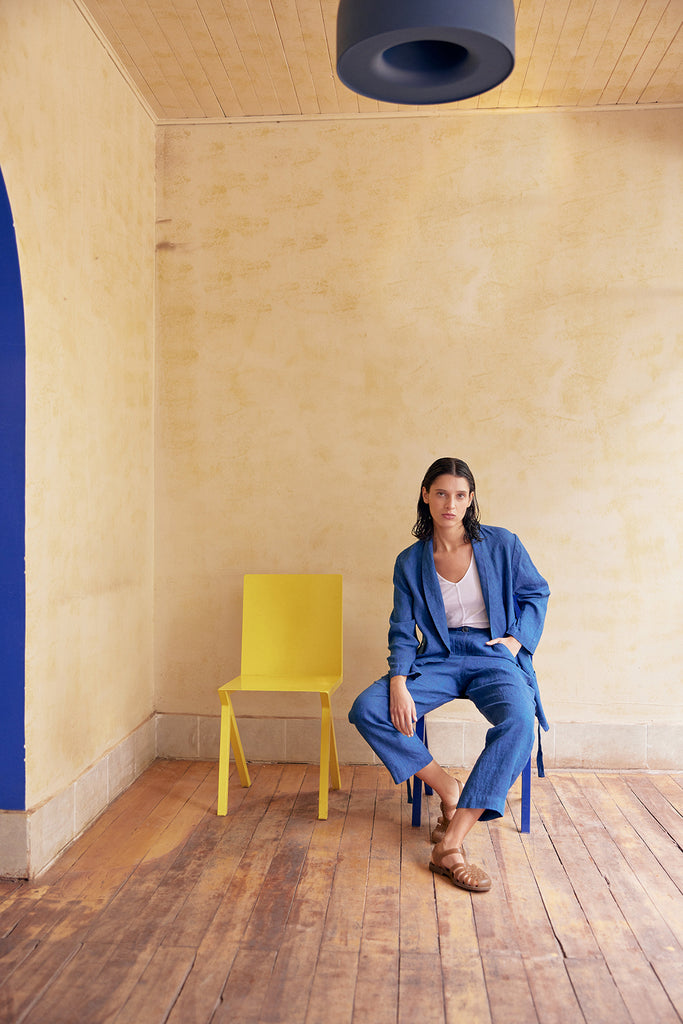 Shawl Collar Jacket Washed Linen - Índigo