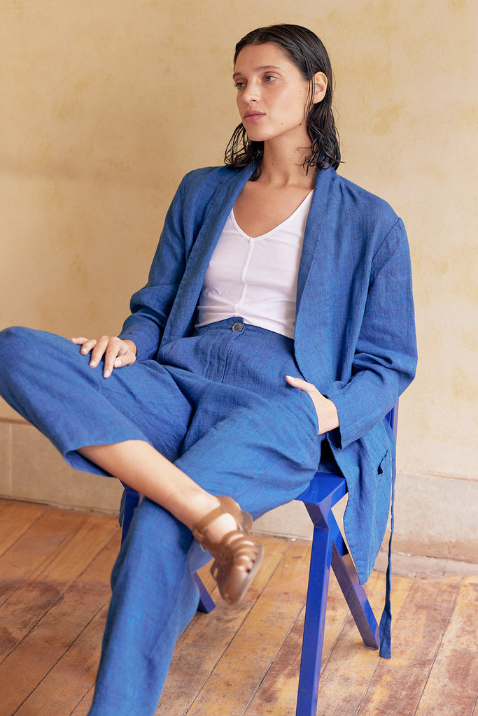Shawl Collar Jacket Washed Linen - Índigo