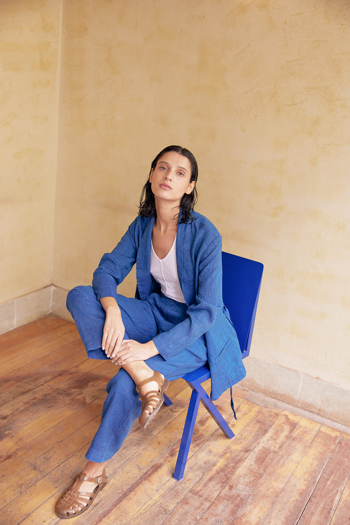 Shawl Collar Jacket Washed Linen - Índigo
