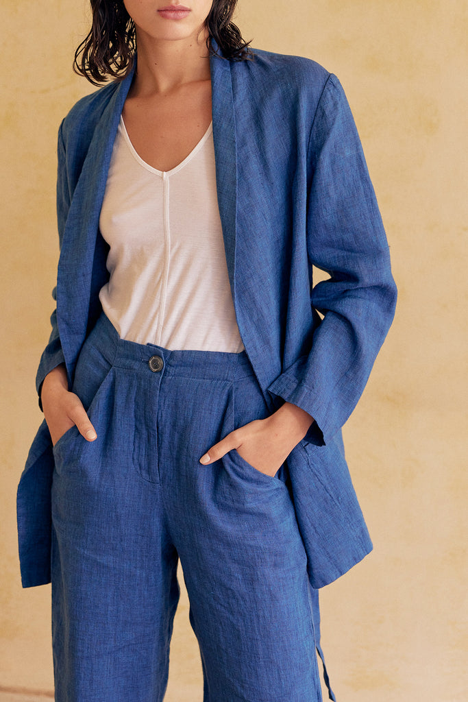 Shawl Collar Jacket Washed Linen - Índigo