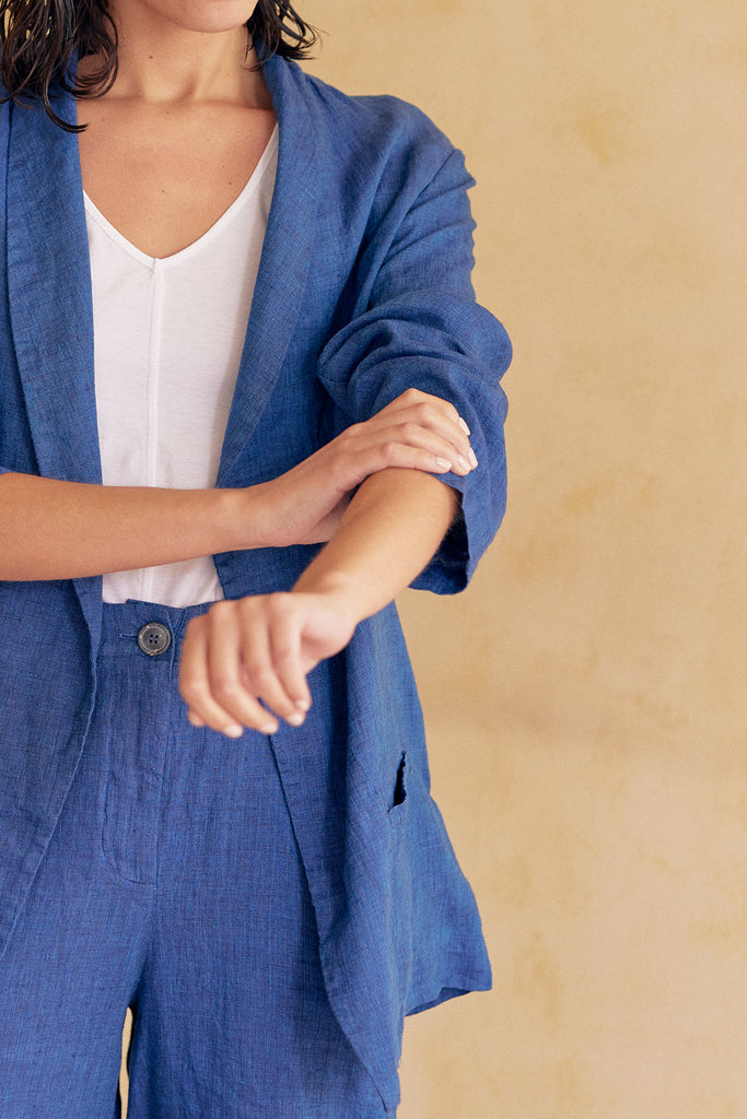 Shawl Collar Jacket Washed Linen - Índigo