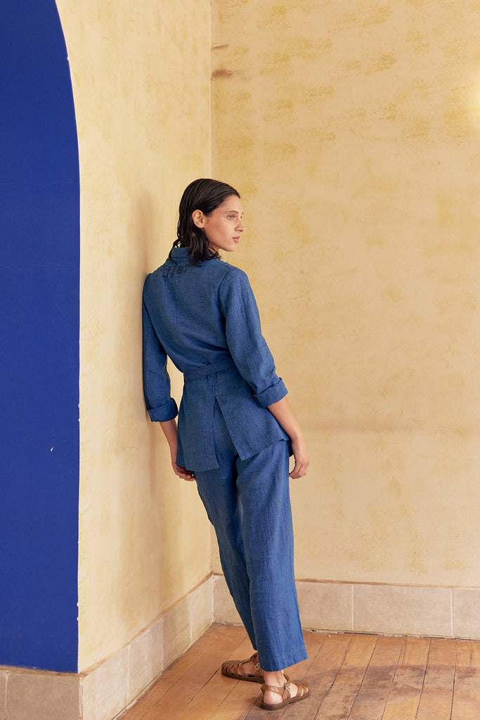 Shawl Collar Jacket Washed Linen - Índigo