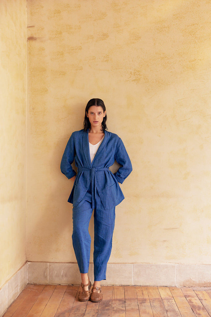Shawl Collar Jacket Washed Linen - Índigo
